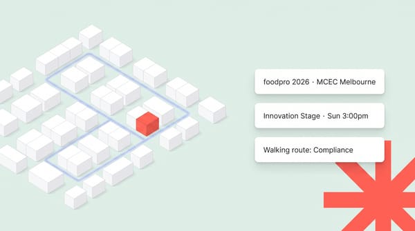 Isometric foodpro 2026 expo floor plan with a compliance walking route ending at a coral stand