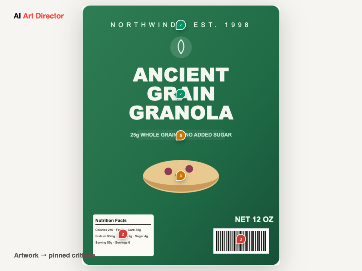 Ancient Grain Granola pouch marked up with numbered critique pins and a shelf-impact score