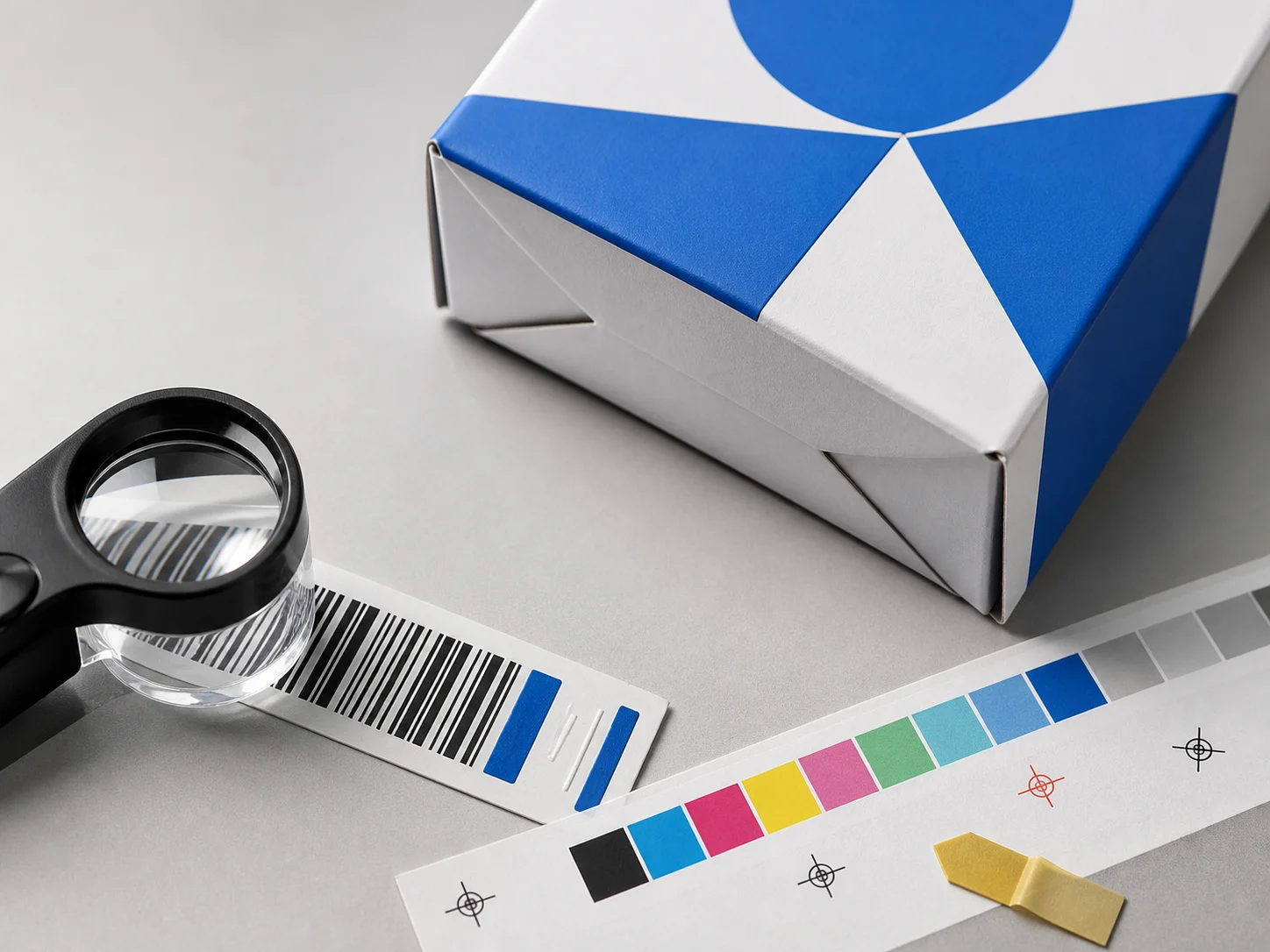 Close crop of a barcode inspection strip and magnifying loupe