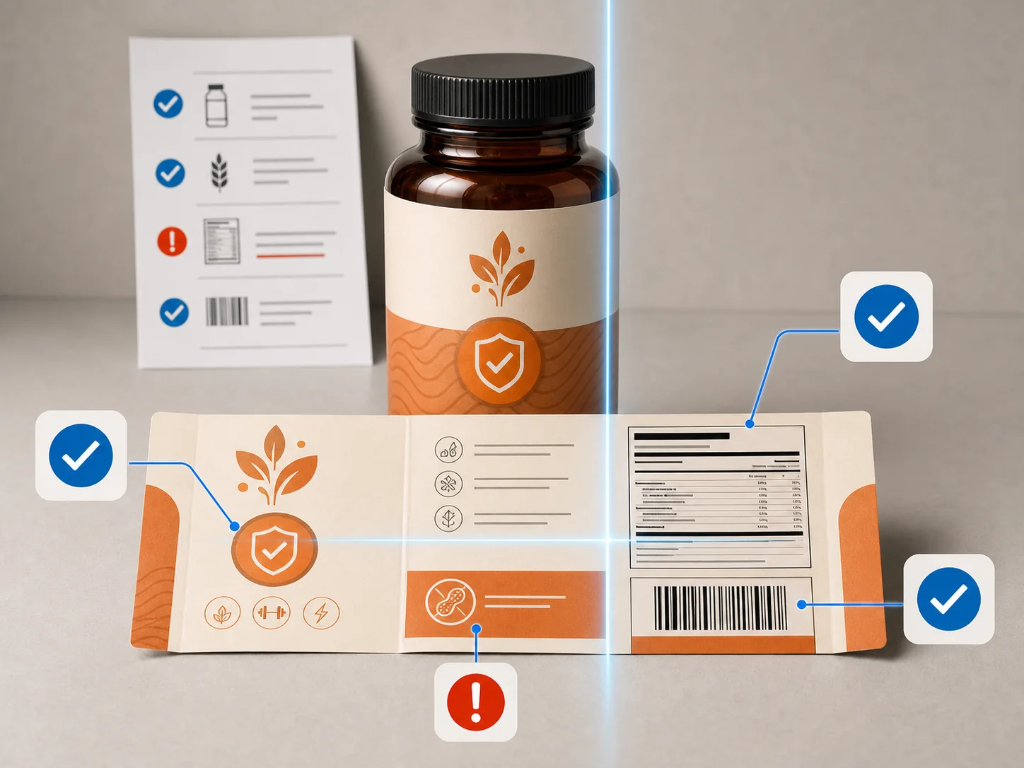 Amber supplement bottle and unfolded label being scanned with compliance passes and a warning