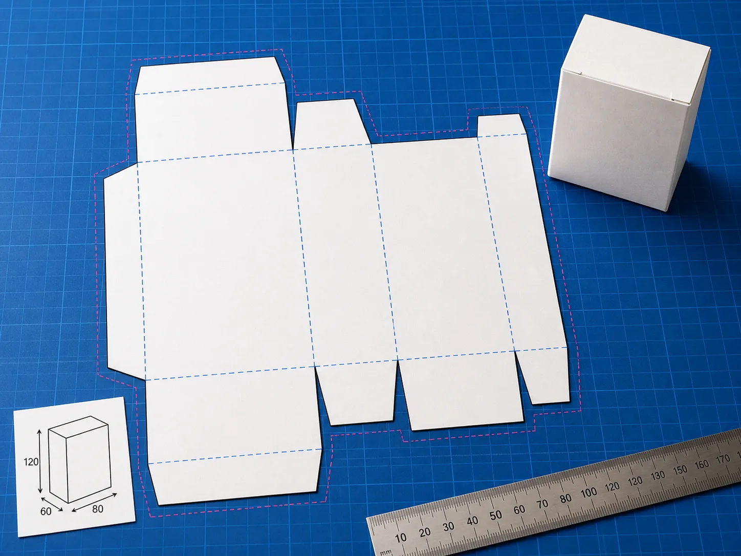 White folding-carton dieline with cut, fold and bleed lines beside a dimension sketch and assembled carton