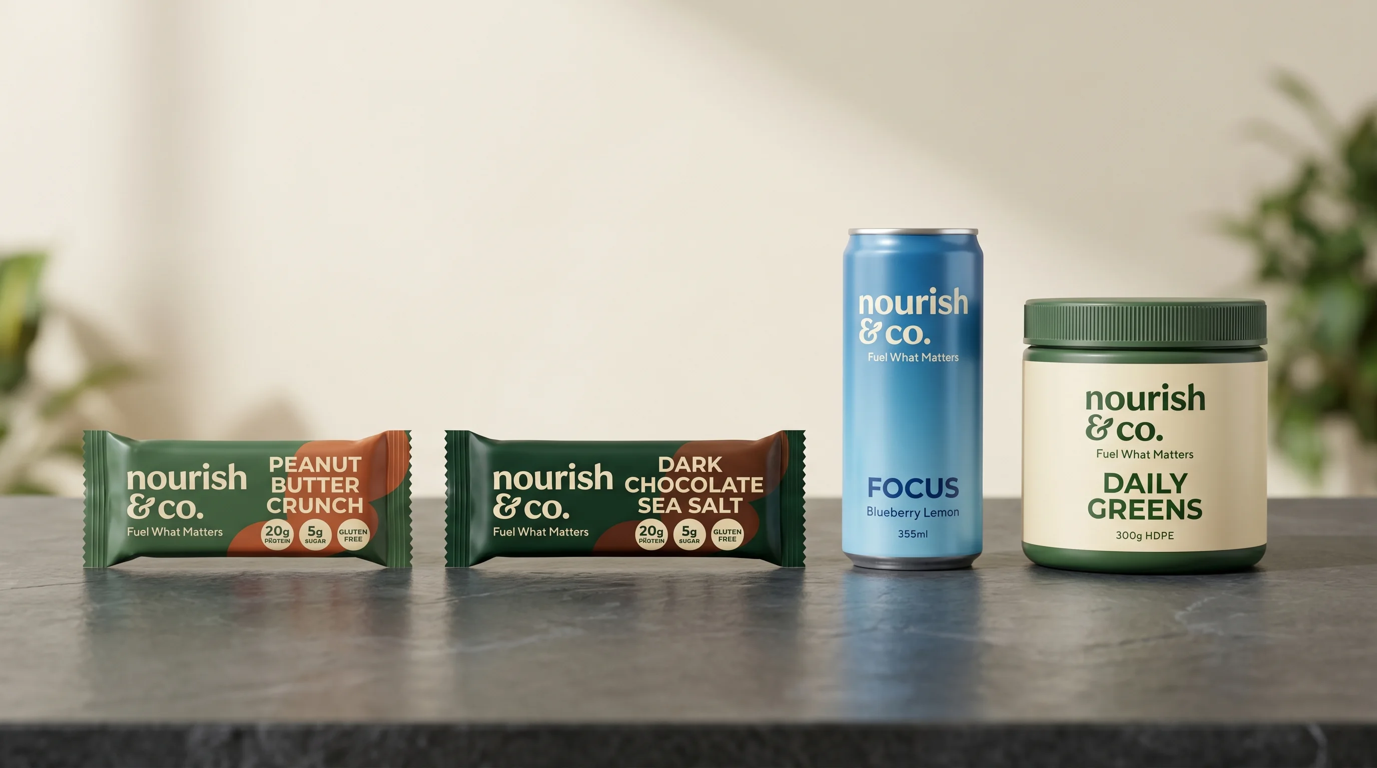 Nourish and Co packaging lineup across snack, beverage and supplement formats
