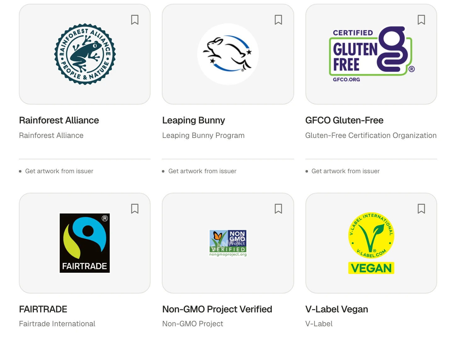 A grid of certification marks including Rainforest Alliance, Leaping Bunny and FAIRTRADE