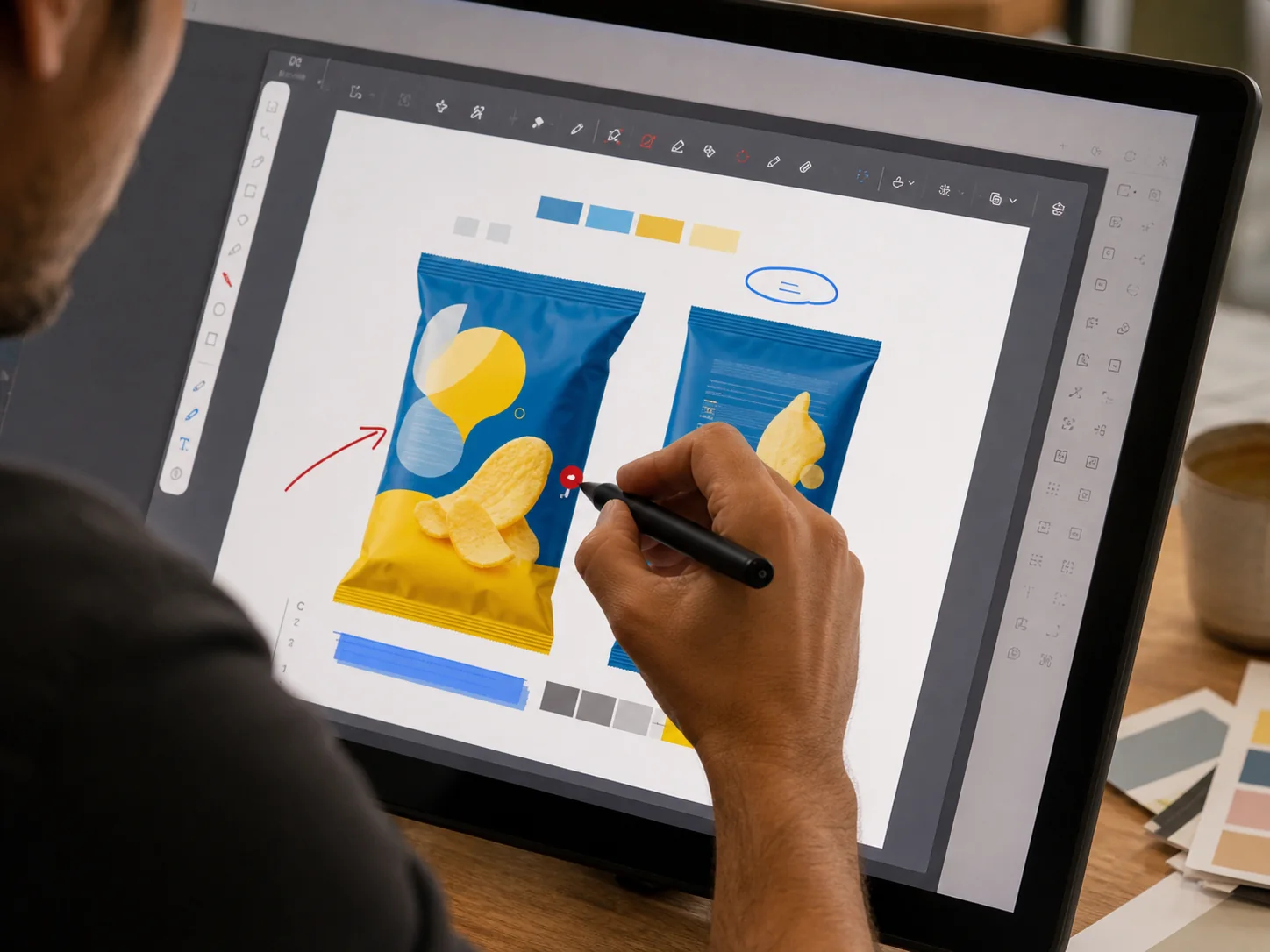 Designer using a stylus to add a comment pin, arrow and highlight to a colourful packaging PDF