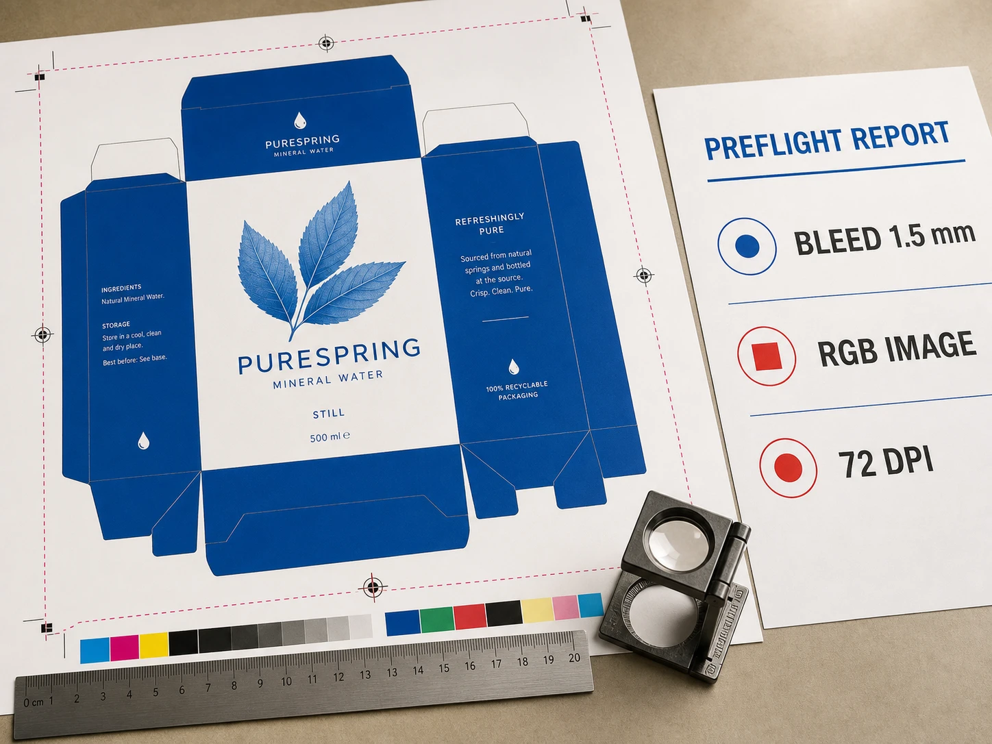 Packaging PDF with crop marks, bleed, CMYK controls and a technical preflight report