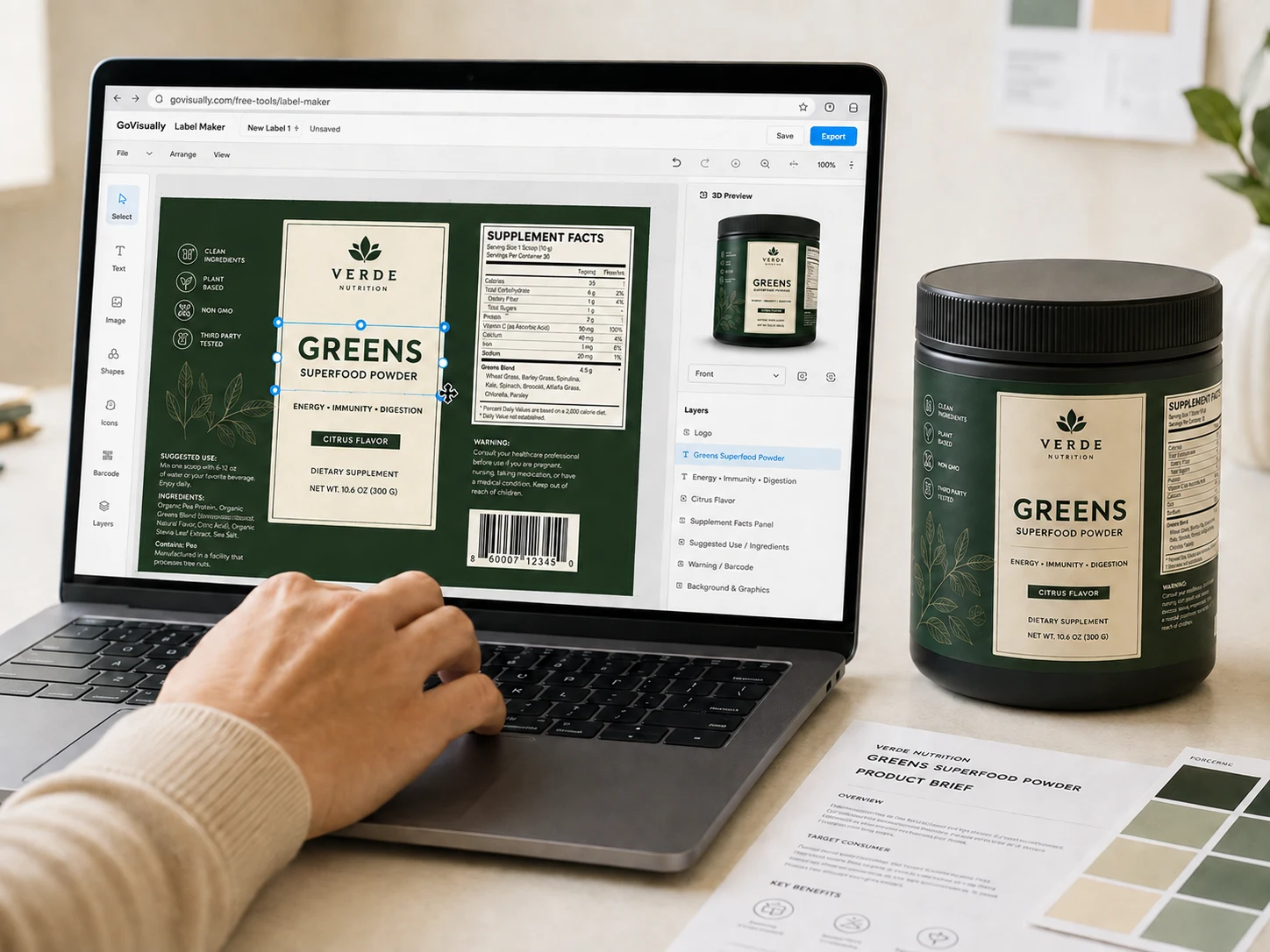 Packaging designer editing a supplement label in a browser beside the matching finished tub and product brief