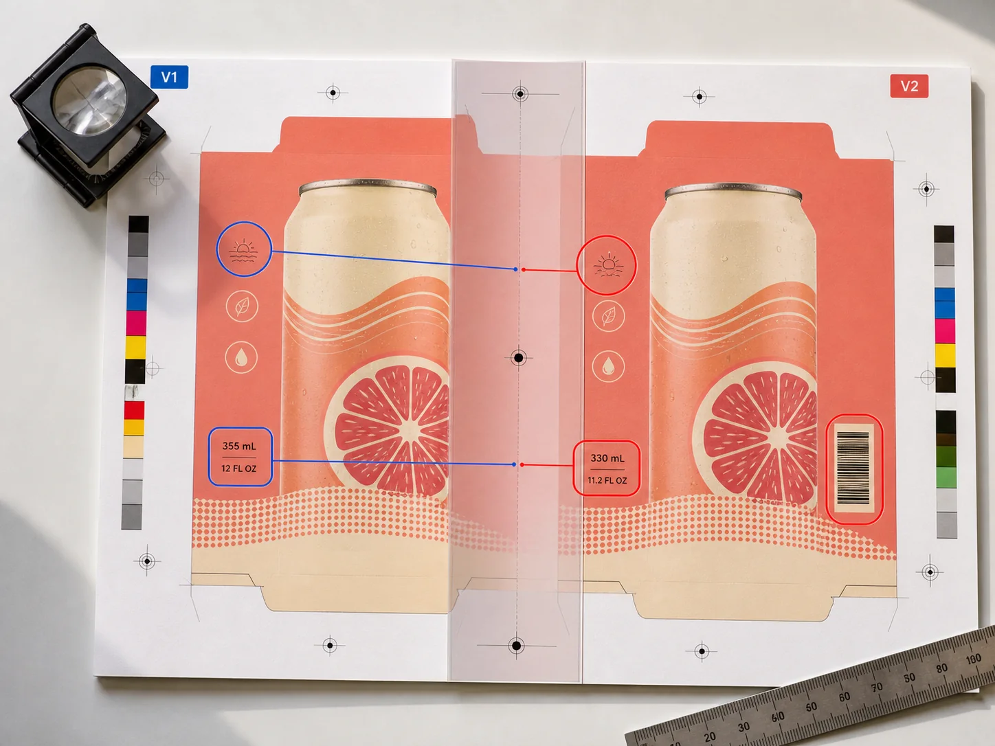V1 and V2 coral beverage packaging proofs with changed volume, icon and barcode areas marked for comparison