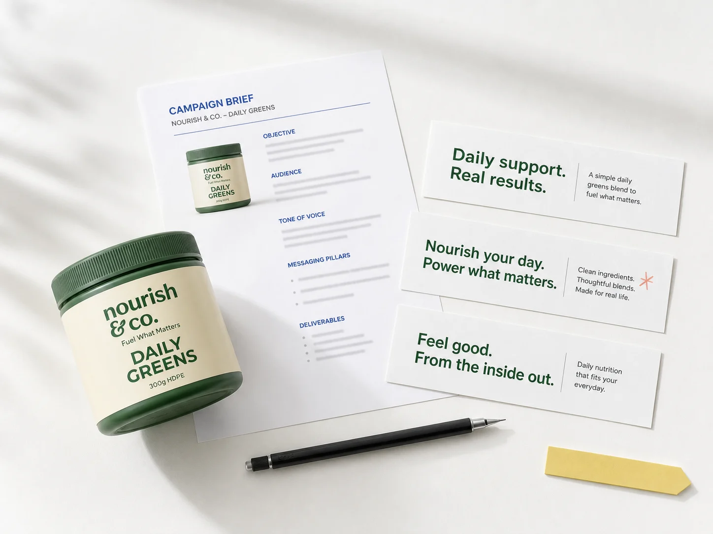 Product beside a campaign brief and three draft copy directions